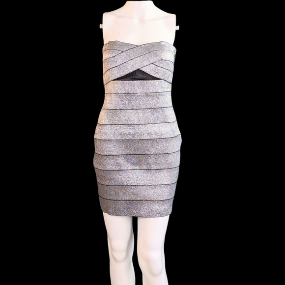 Wow Couture Silver Strapless Bandage Dress With Mesh Cutouts - Picture 1 of 11